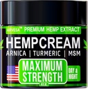 Hemp Cream Maximum Strength with Glucosamine, Arnica, Turmeric, MSM - Natural Hemp Oil Gel Rub - Fast Absorption, Non-Greasy - Advanced Formula - Formulated in USA - Menthol Scent - 4 FL OZ