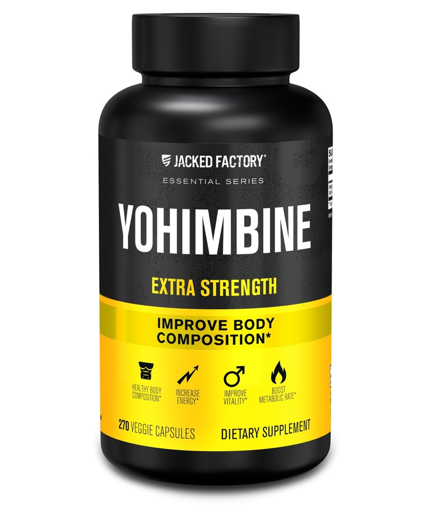 Jacked Factory Yohimbine Extra Strength Supplement, 270 Capsules - Extrait d'écorce de Yohimbe Premium pour les utilisateurs expérimentés - Recomposition du corps, énergie et plus - Zéro remplissage - 270 pilules de capsules de Veggie
