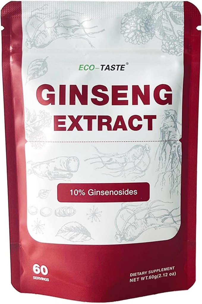 ECO-TASTE Extrait de racine de ginseng en poudre-panax coréen pour smoothies, café ou boissons, 10% de ginsénosides, 60g (60 portions)
