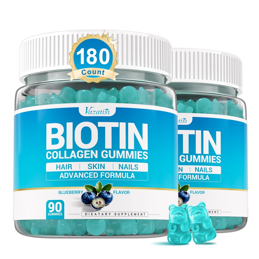Biotin Gummies 15,000 mcg with Collagen & Keratin – 13-in-1 Hair Skin & Nails Gummies for Women & Men, Hair Growth, Sugar Free Non-GMO, Blueberry, 180 Count