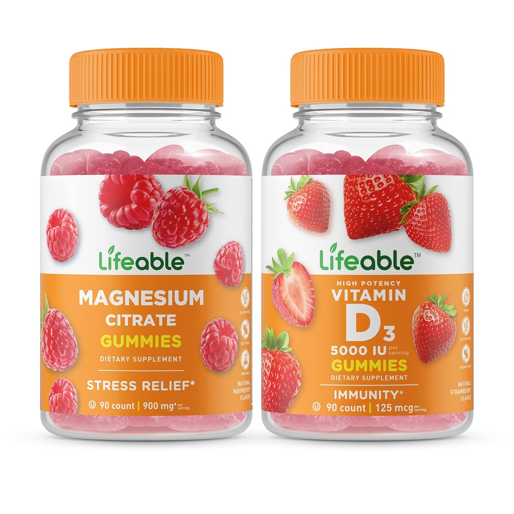 Magnésium vivace + Vitamine D 5000 UI, Gommies Bundle - Grand Dégustation, Supplément de vitamine, Sans gluten, Sans OGM, Gommy à croquer