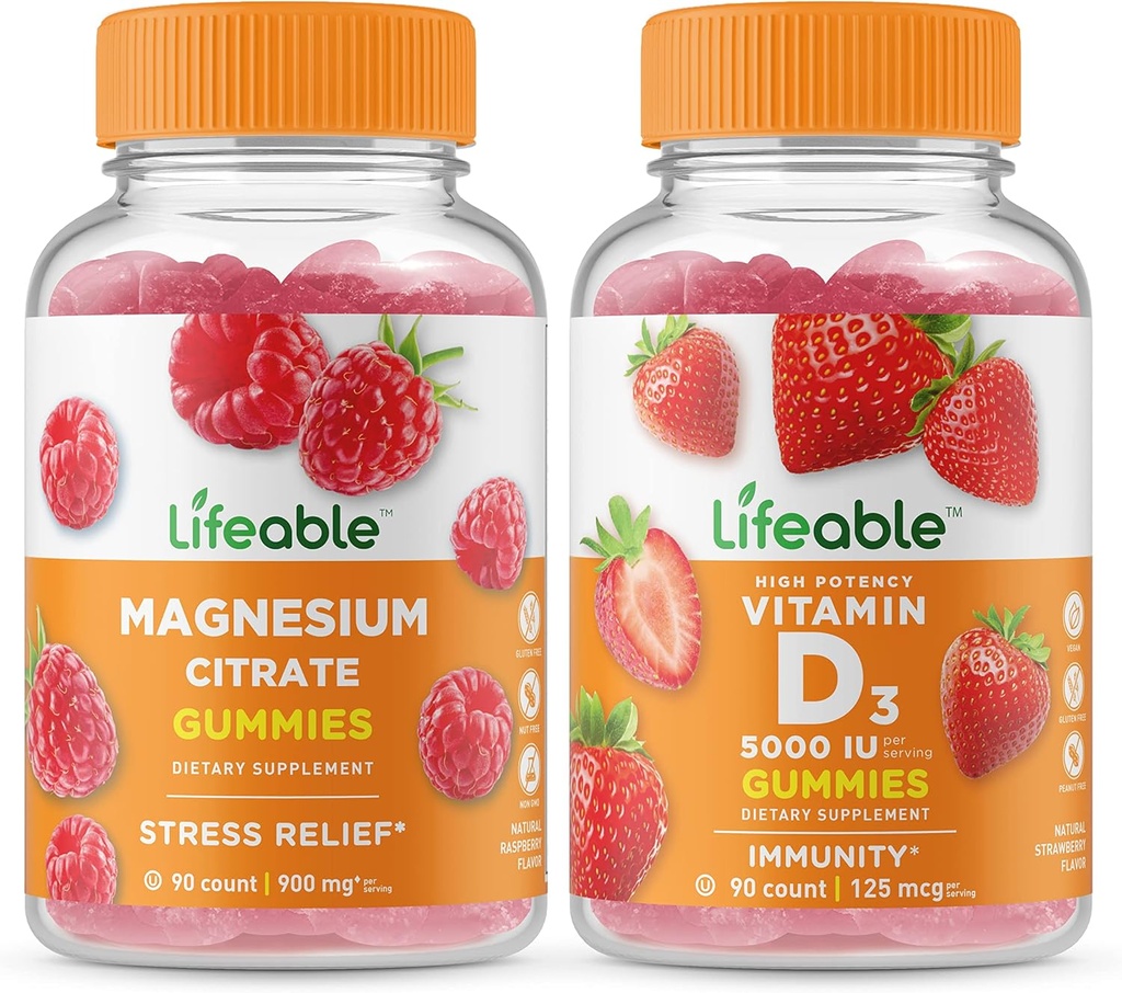Magnésium vivace + Vitamine D 5000 UI, Gommies Bundle - Grand Dégustation, Supplément de vitamine, Sans gluten, Sans OGM, Gommy à croquer