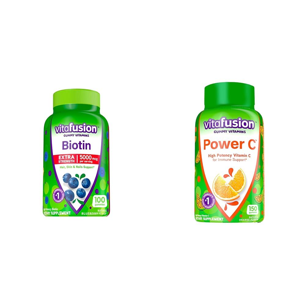 Vitafusion Extra Strength Biotin Vitamines Gommy & Power C Vitamine C Gommies pour le soutien immunitaire, Orange Aromatisé, 282 mg Vitamine C, Amérique , Numéro 1 Marque Vitamine Gommy, 50 jours d'approvisionnement, 150 Compte