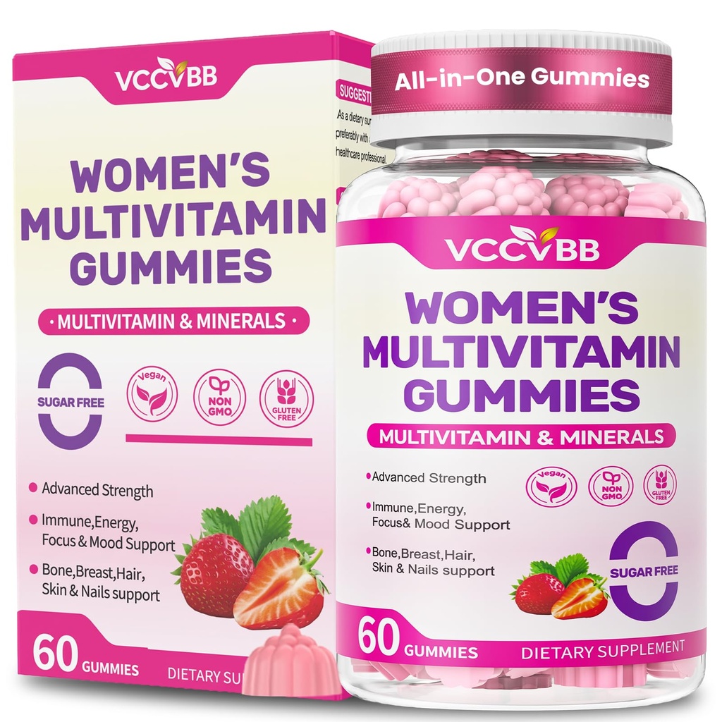 All-in-One Women's Multivitamin Gummies with Complete Vitamin & Mineral Complex, Herbal Blends for Energy, Overall Health, High Potency Hair Skin and Nails, Strawberry Flavor, 60 Count