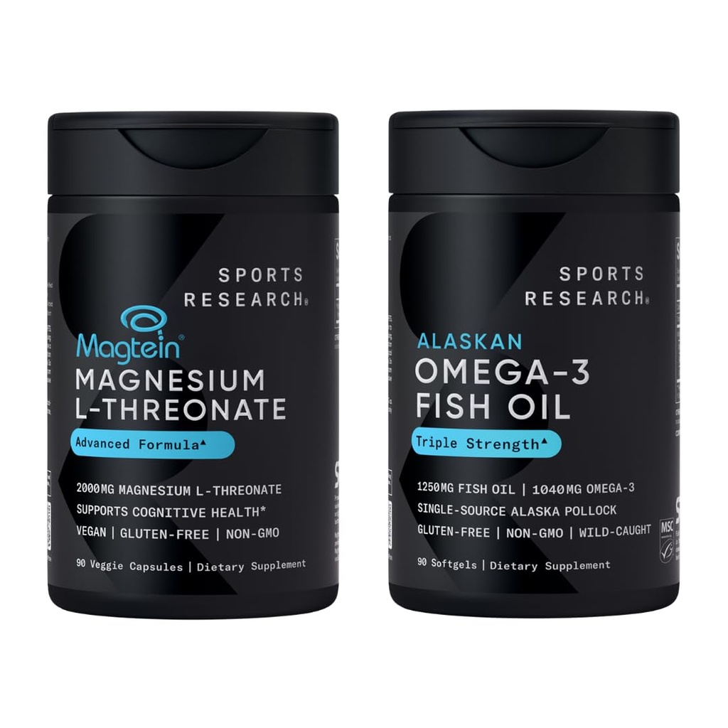 Sports Research® 90 Ct Cognitive Health Support Pack - Triple Strength Omega 3 Fish Oil EPA Acide gras DHA de l'Alaska sauvage source unique Pollock & Magnésium Magnésium L-Thréonate pour la mémoire, Focus