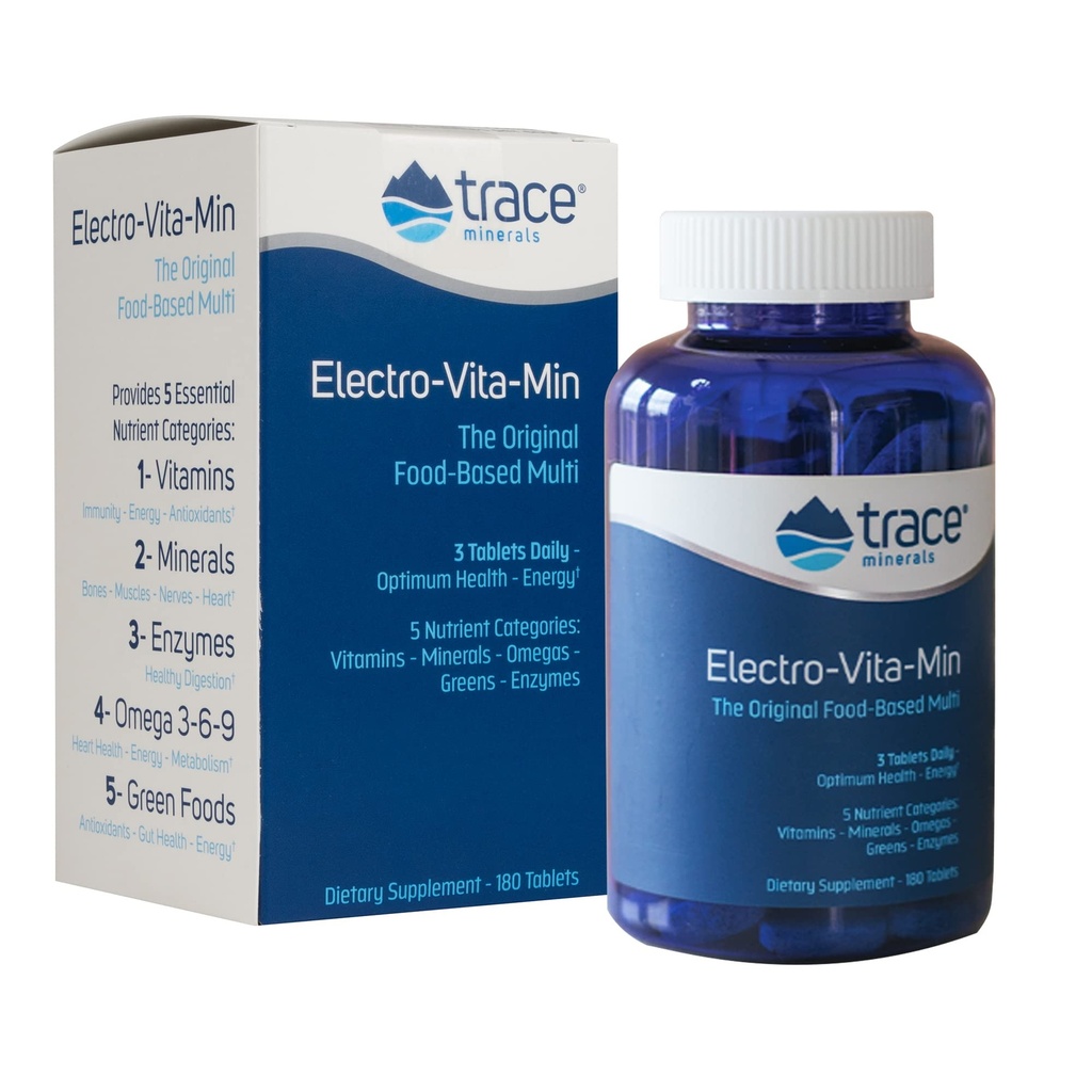 Trace Minerals | Electro-Vita-Min the Original Food-Based Multi | Vitamins, Minerals, Omega 3-6-9, Green Foods, Enzymes | 180 Tablets 3 tabs per serving