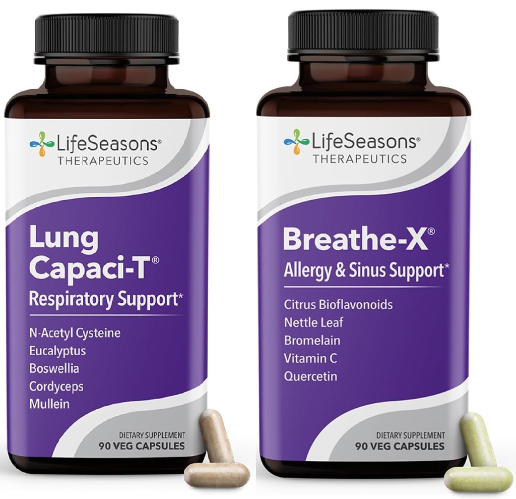 LifeSeasons Breathe-X avec Lung Capaci-T - Assistance Allergique et respiratoire - Sinus à action rapide - Augmente la capacité d'oxygène et réduit le mucus - 180 capsules