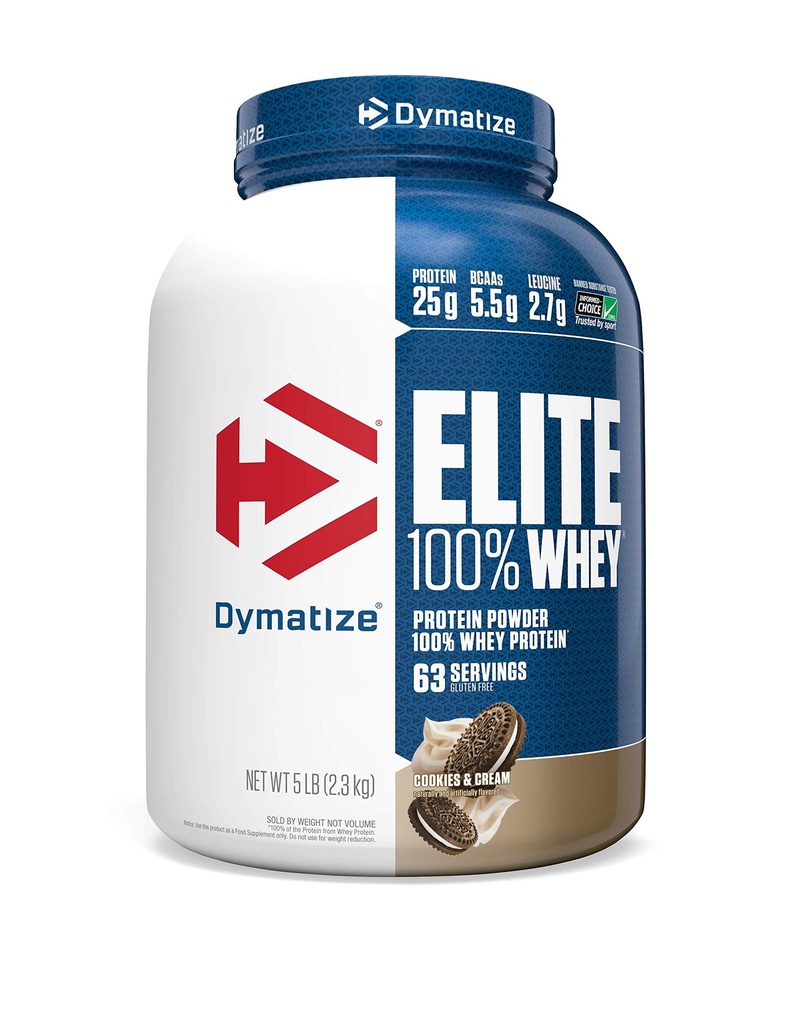 Dymatize Elite 100% Whey Protein Powder, Cookies & Cream, 25g of Protein, 5.5g BCAAs, Less Than 140 Cal., Gluten Free, 2g Carb, 2g Sugar, 3g Fat (63 Servings)