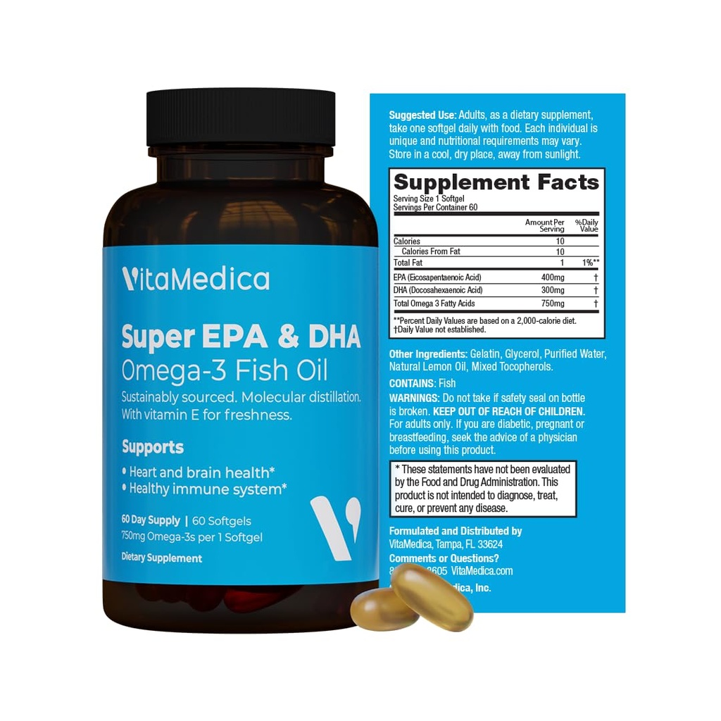 High-Potency, Super EPA/DHA Huile de poisson 750mg d'acides gras essentiels Oméga-3 EPA et DHA , Santé du coeur, Santé du cerveau, Santé du système immunitaire