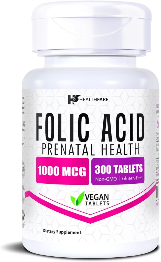 Santé Acide folique 1000mcg (300 comprimés de légumes) Vitamine B9 (sans gluten) Non-OGM (fabriqué aux États-Unis)