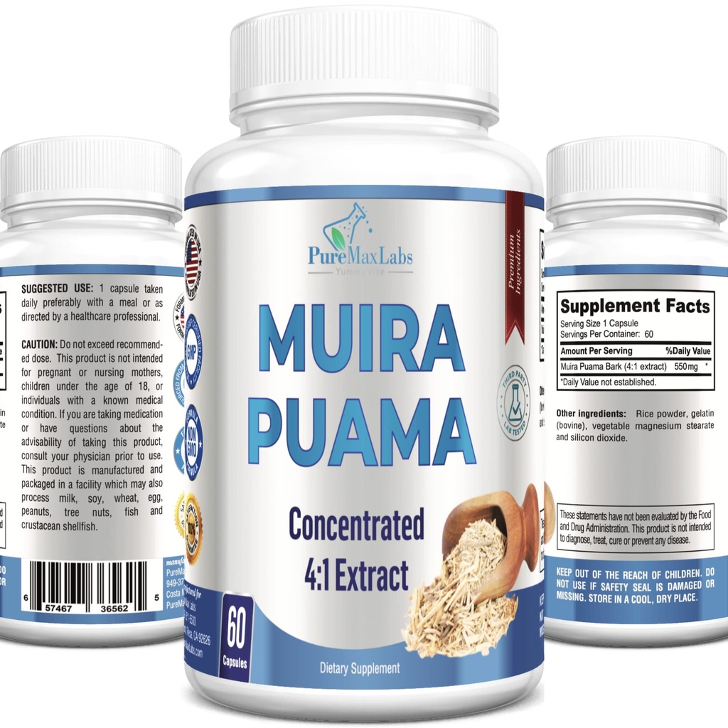 Muira Puama Capsules - Extrait concentré 4:1, équivalent à 2200mg par gélule, 60 Capsules