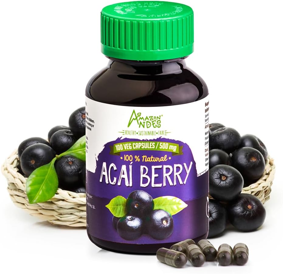 Andes Acai/Açai Berry Capsules (Euterpe oleracea) – Riche Source d'antioxydant, Vitamine C & Fibres - Support Système immunitaire - Sans gluten, sans OGM, végétalien et non irrité - 100 Pilules de Veg (500mg)