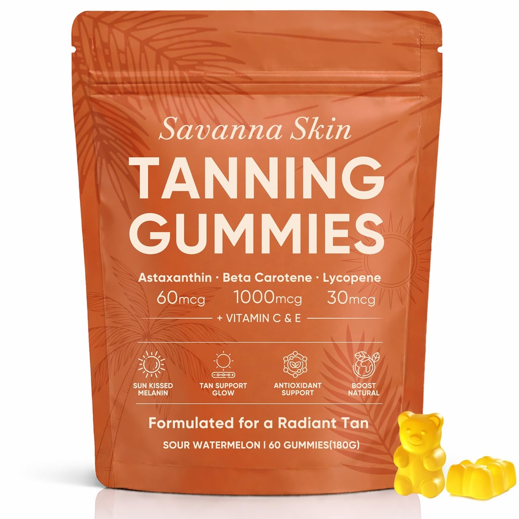 Savanna Skin Tanning Gummies, Astaxanthin, Beta Carotene & Lycopene Blend with Vitamins C & E, Radiant Healthy Skin, Sour Watermelon Flavor, Vegan & Sugar-Free, 60 Count