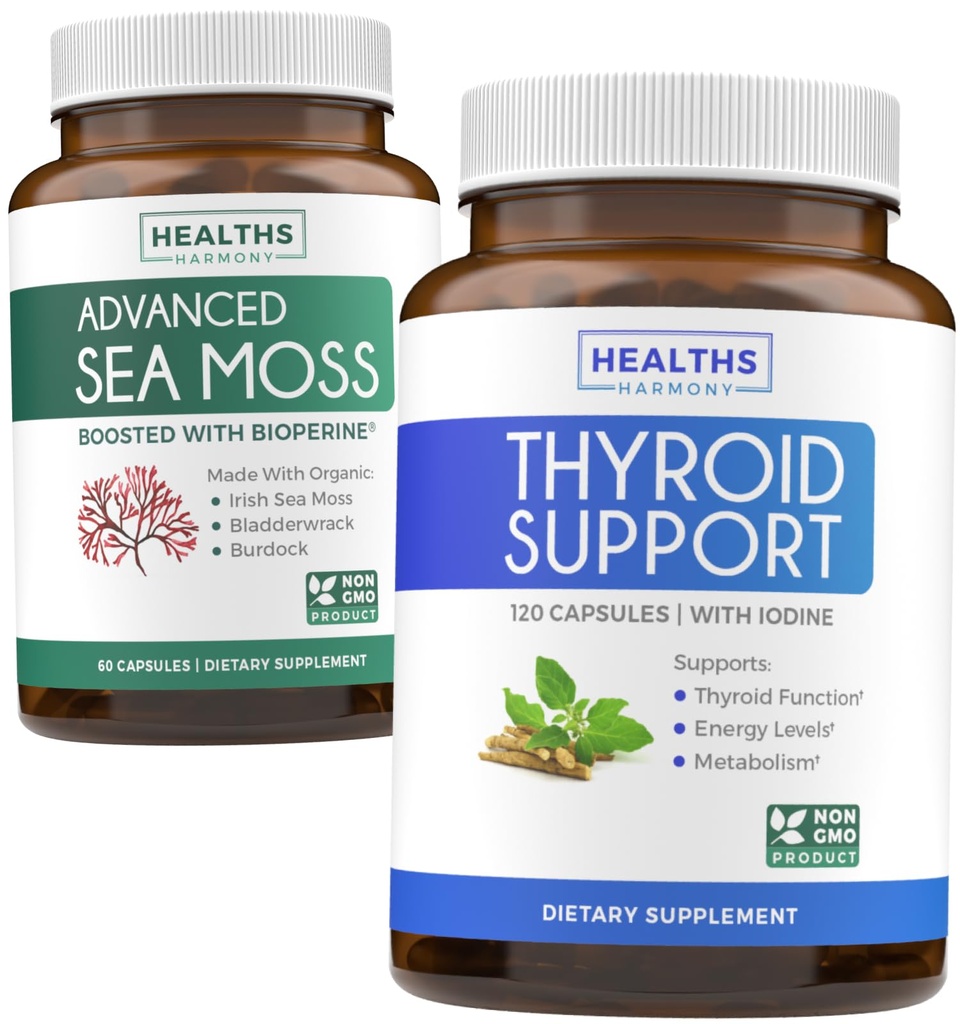 Ensemble de support thyroïdien et de mousse de mer - Sea Moss Thyroïde Care Pack - Support thyroïdien avec Iodine (120 capsules) et Irish Sea Moss Capsules - Supplément végétalien brut avec BioPerine (non-OGM et biologique)