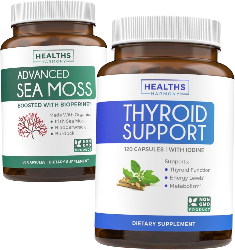 Ensemble de support thyroïdien et de mousse de mer - Sea Moss Thyroïde Care Pack - Support thyroïdien avec Iodine (120 capsules) et Irish Sea Moss Capsules - Supplément végétalien brut avec BioPerine (non-OGM et biologique)