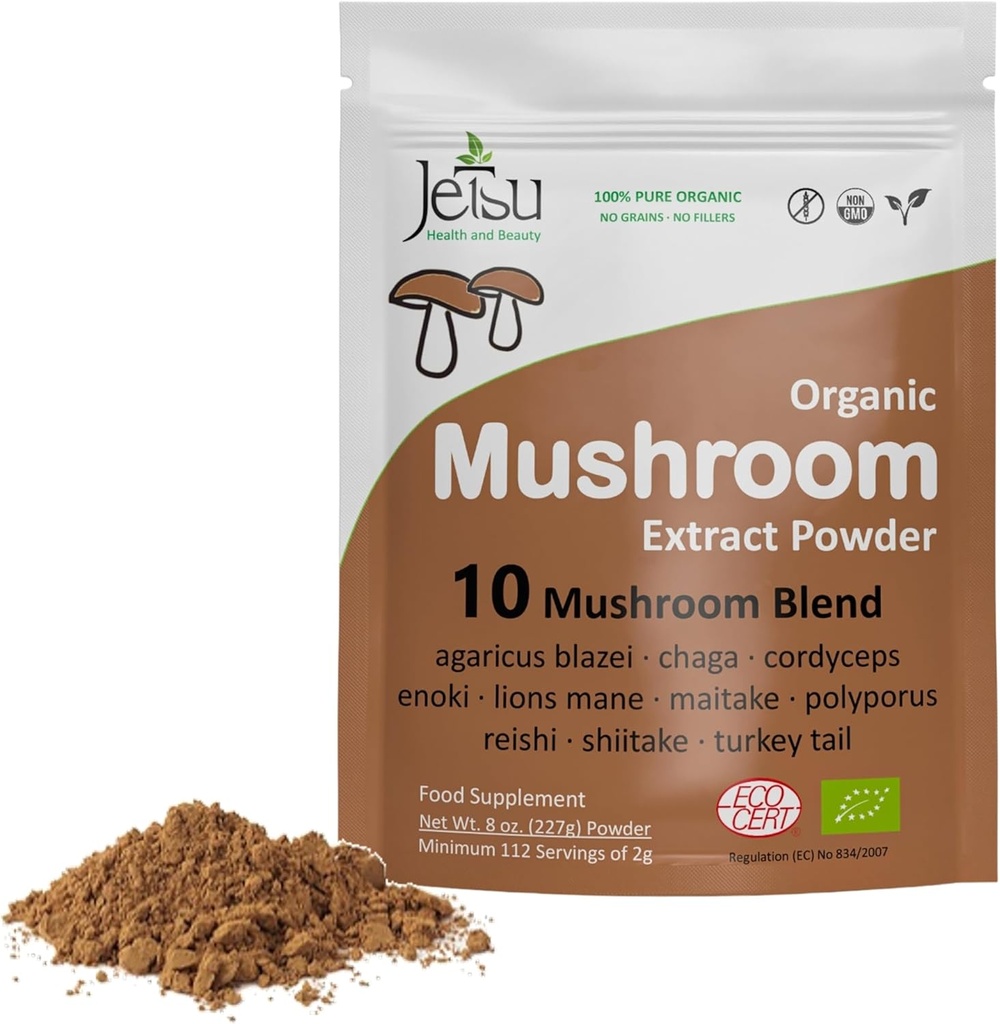 Poudre d'extrait de champignons - puissant mélange 10, Lions biologique Mane, Cordyceps, Reishi, Shiitake, Turquie Tail Champignons Nootropic Cerveau Supplément pour l'énergie, Calme, Focus & Immune System Booster