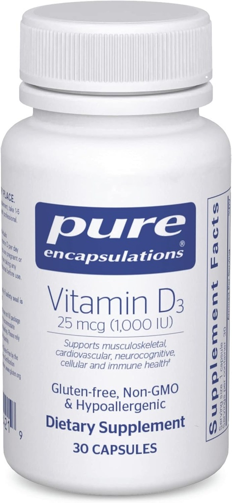 Encapsulations pures Vitamine D3 25 mcg (1 000 UI) - Supplément pour soutenir la santé des os, des articulations, des seins, du coeur, des colonies et des immunes - avec la vitamine D Premium - 30 capsules