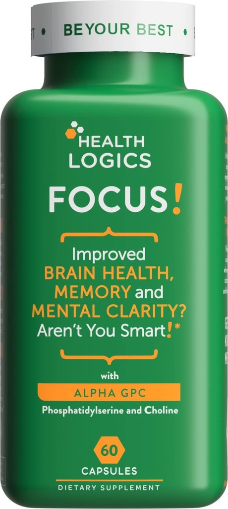 Les logiques de santé Focus! - Supplément cerveau pour mémoire, clarté, concentration avec Choline, Ginkgo Biloba, Alpha GPC, Phosphatidylsérine, Bacopa Monnieri l 60 Capsules l Non-OGM