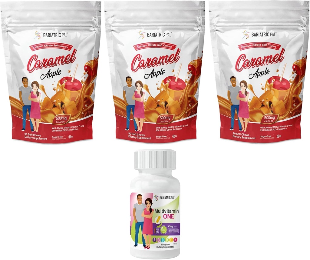 BariatricPal 90 jours Bariatric Vitamine Bundle (Multivamine ONE 1 par jour! Capsule avec 45mg de fer et de citrate de calcium Mâches douces 500mg avec Probiotiques - Pommes Caramel)