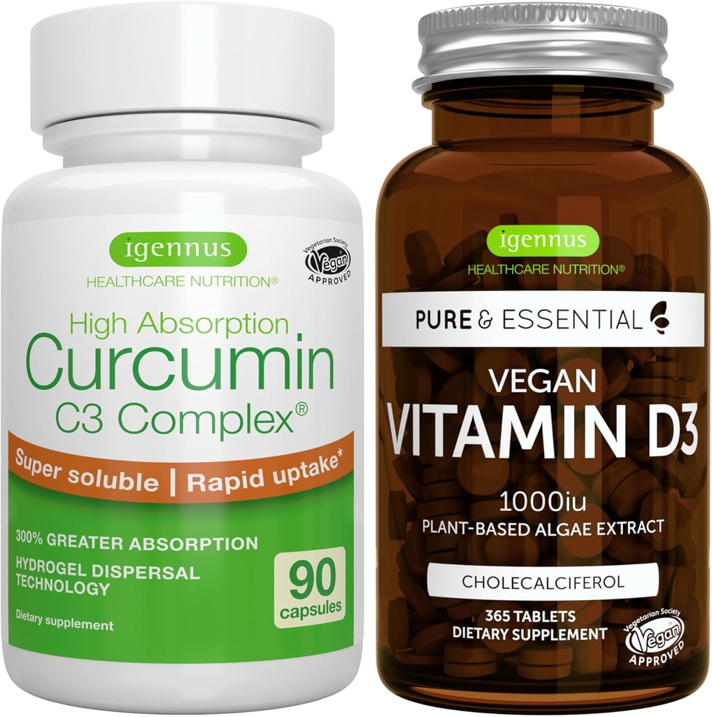 Vitamine végétalienne D3 + complexe de Curcumine C3 à absorption élevée, lot végétalien, 365 1000iu Comprimés Vitamine D3 + 300% Curcuminoïdes à absorption rapide, par Igennus