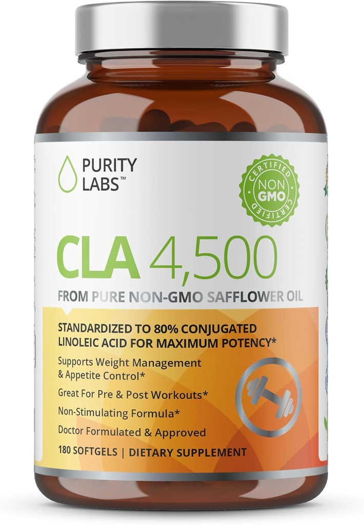 Purity Labs CLA Suppléments 4500MG - Huile de carthame non OGM - Soutient l'énergie, la perte de poids, la santé cardiaque et la santé musculaire - 180 Gels mous