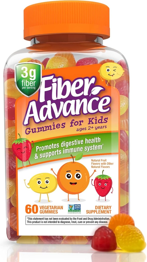 Fiber Advance Gummies for Kids | 100% Plant Based Fiber Supplements for Digestive Health | Prebiotic Fiber Gummies | Vitamins for Kids | Gluten Free, Vegetarian, & Non-GMO, 60 Count