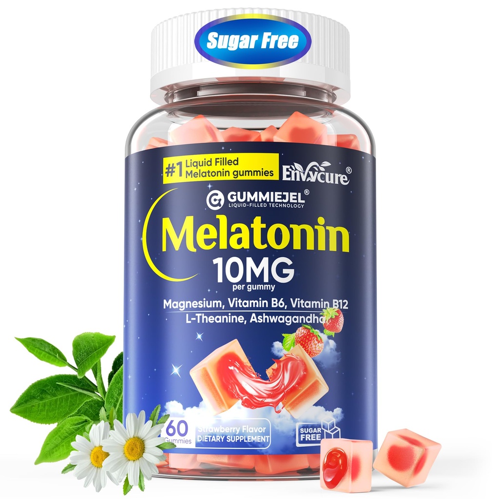EnvyCure Melatonin Gummies 10mg 20mg with Magnesium for Adults | Drug Free | Sleep Aid | Sugar Free | L-Theanine, Ashwagandha, B6, B12, Lemon Balm & Chamomile, Supports Deep Relaxation, 60 Cts