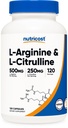 Nutricost Complexe L-Arginine L-Citrulline 750mg, 120 Capsules - Non-OGM