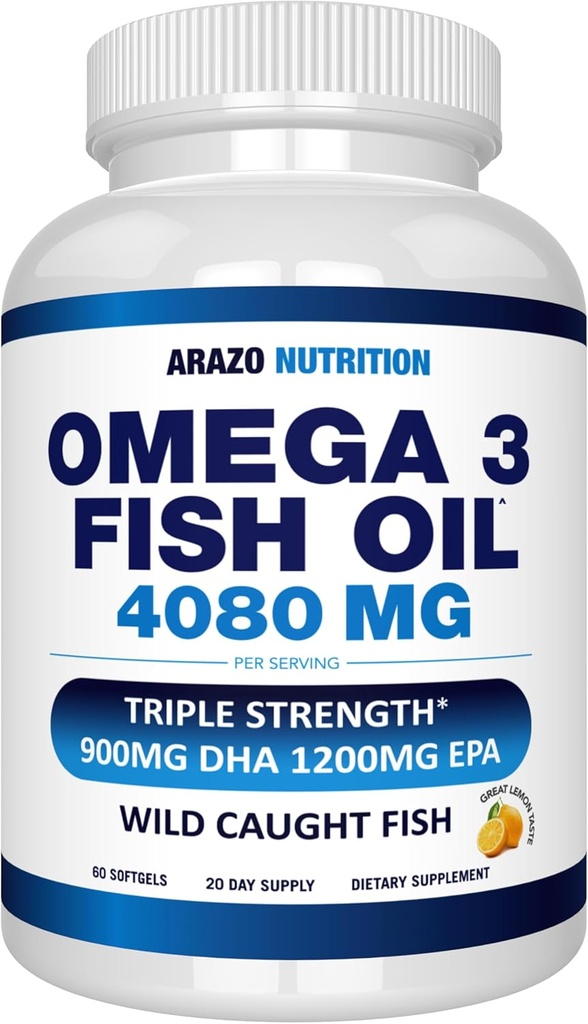 Arazo Nutrition Sauvage pris Omega 3 Huile de poisson – 60 gels mous – 4 080mg High EPA 1200mg DHA 900mg Arôme de citron Softgels sans Burpless