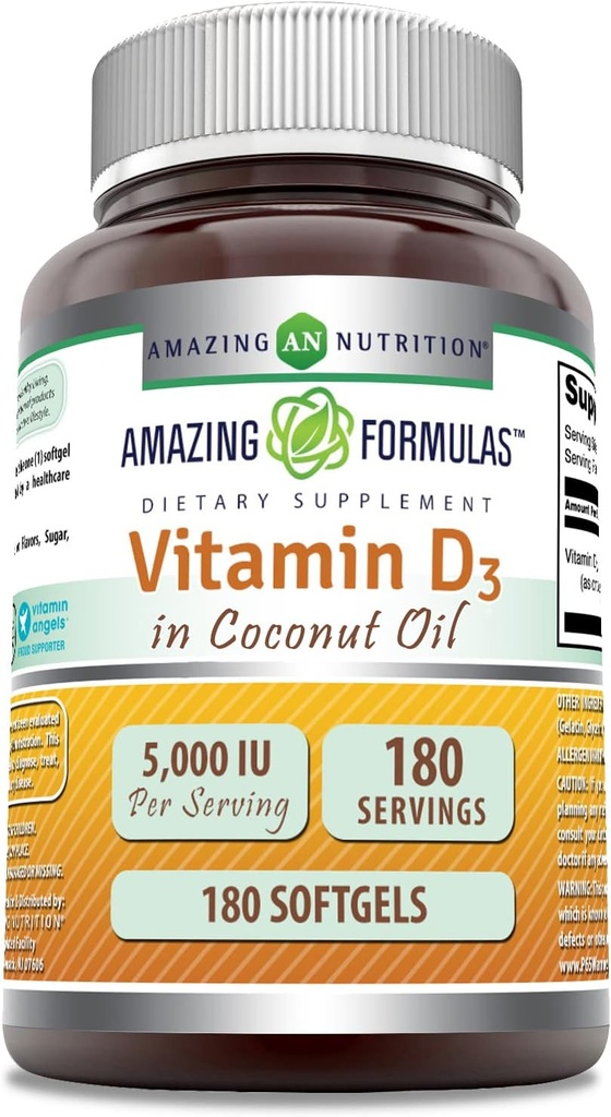 Formules étonnantes Vitamine D3 avec supplément d'huile de coco $ 5000 UI par portion $ 180 Softgels $ Non-GMO $ Sans gluten $ Fabriqué aux États-Unis