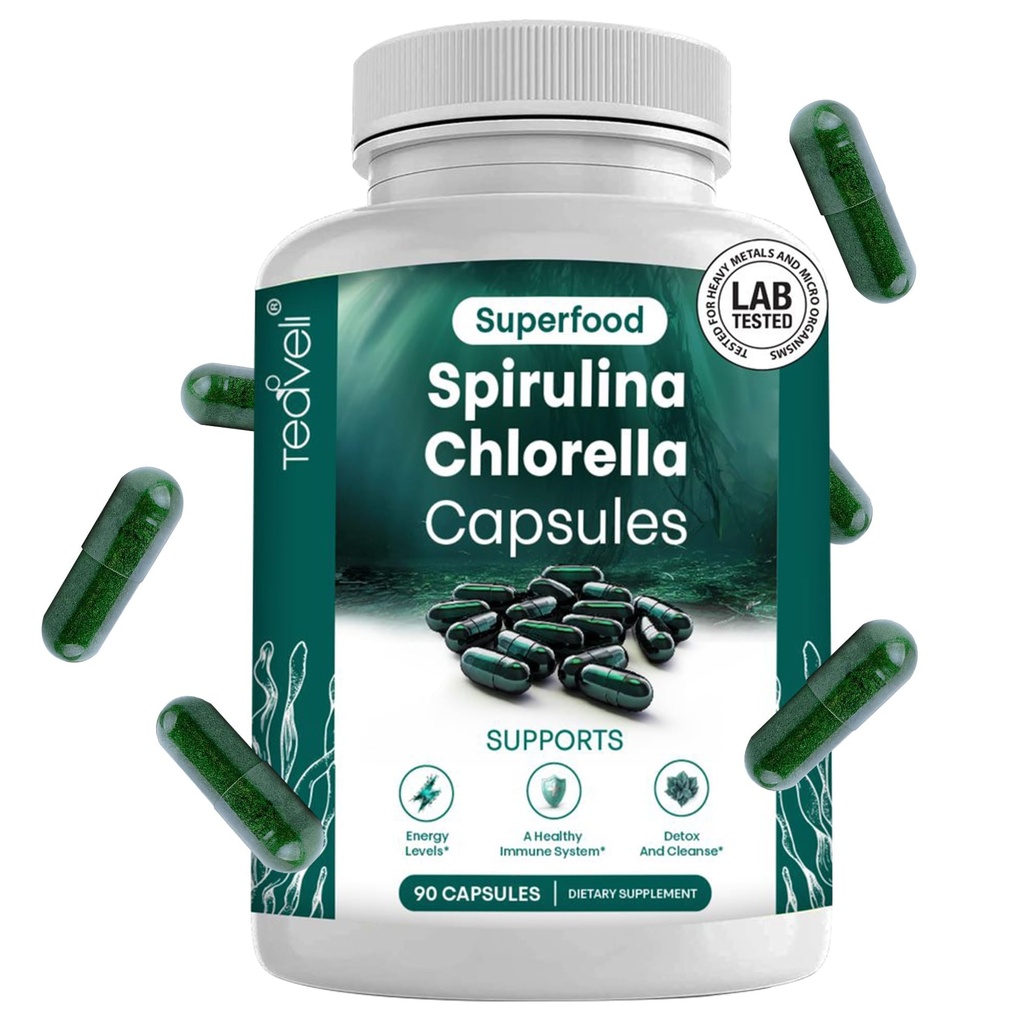 Capsules de spiruline et de chlorella – Pilules de chlorophylle et algues vertes bleues pour soutenir un puissant système de détox, d'énergie et d'immuno-santé– 3X Plus Chlorelle Spiruline Poudre/Serveur – 90 Ct
