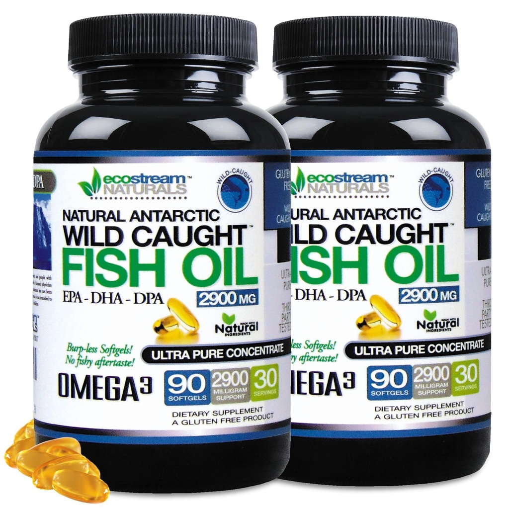 (Pack of 2) Naturel Antarctique Sauvage pris Omega 3 Huile de poisson DPA-EPA-DHA Supplément 2 900 Milligrammes Triple Strength Ultra pur Concentré SoftGels - Pas de Burps Dégustation de poisson