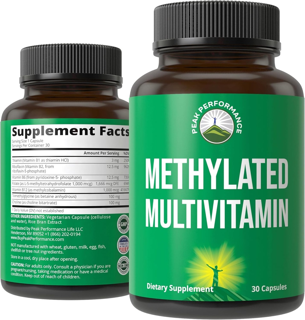 Multivitamine méthylée + supplément complexe B méthylé. Avec la triméthylglycine (TMG), le méthylfolate de L, le méthyl B12 + B1 + B2 + B6 Vitamines + Choline. MTHFR Supplément pour les femmes et les hommes.