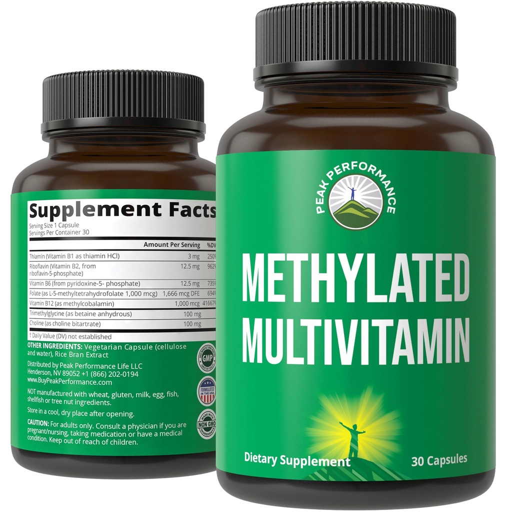 Multivitamine méthylée + supplément complexe B méthylé. Avec la triméthylglycine (TMG), le méthylfolate de L, le méthyl B12 + B1 + B2 + B6 Vitamines + Choline. MTHFR Supplément pour les femmes et les hommes.