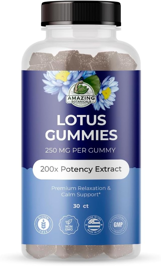 Botaniques étonnants Fleurs de bleuet Lotus Gummies – Premium Relaxation et Soutien Calme – Vegan, Non-OGM, Supplément à base de plantes sans gluten, 250MG - Berry Flavor (30 Comte)