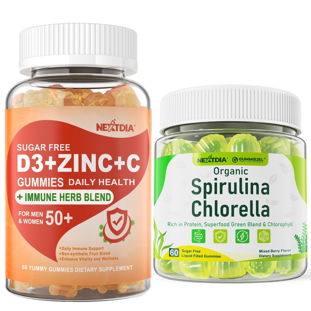 Nextdia Sugar Free Organic Spirulina Chlorella Gummies 1 Pack + Vitamin C + D3 + Zinc Gummies 2 Pack