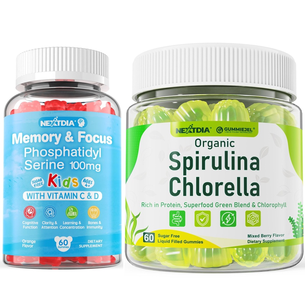 Nextdia Sugar Free Spirulina Chlorella Gummies 1 Pack + Phosphatidylserine Gummies for Kids 2 Pack