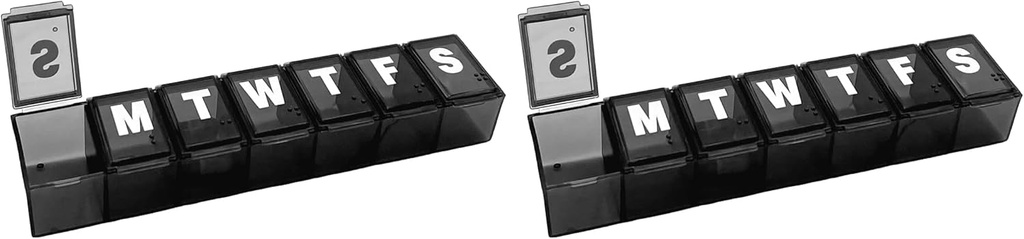 Soins de base hebdomadaires (7 jours) Organisateur de pilules, planificateur de vitamines et boîte de médicaments, compartiments moyens, noir (paquet de 2)