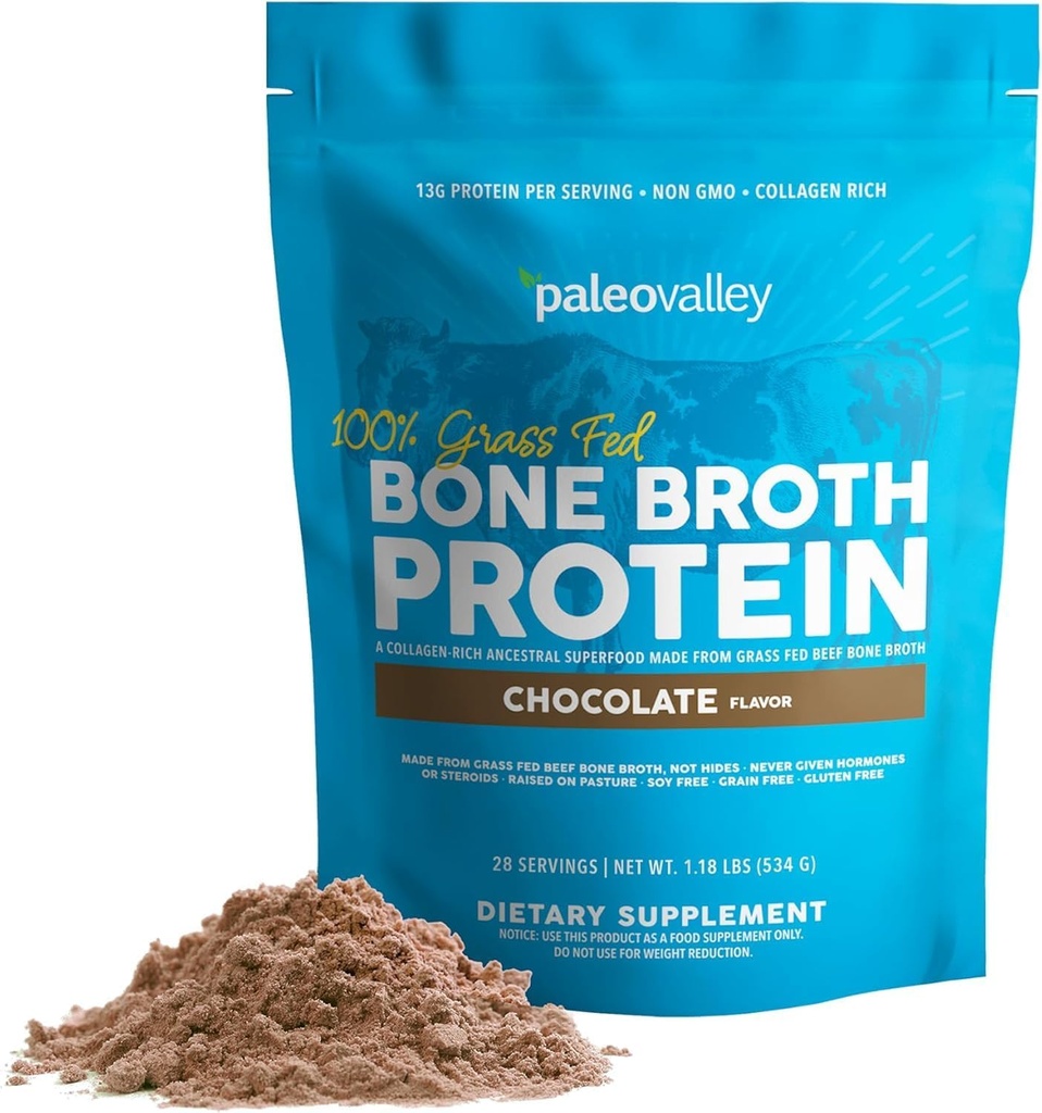 Paleovalley Poudre de protéines de tourteaux de boeuf à l'herbe à 100 % - Riche en peptides de collagène pour les cheveux, la peau, la santé des intestins, les os et les articulations - 15g de protéines par portion - Pas de gluten ou d'OGM - Chocolat