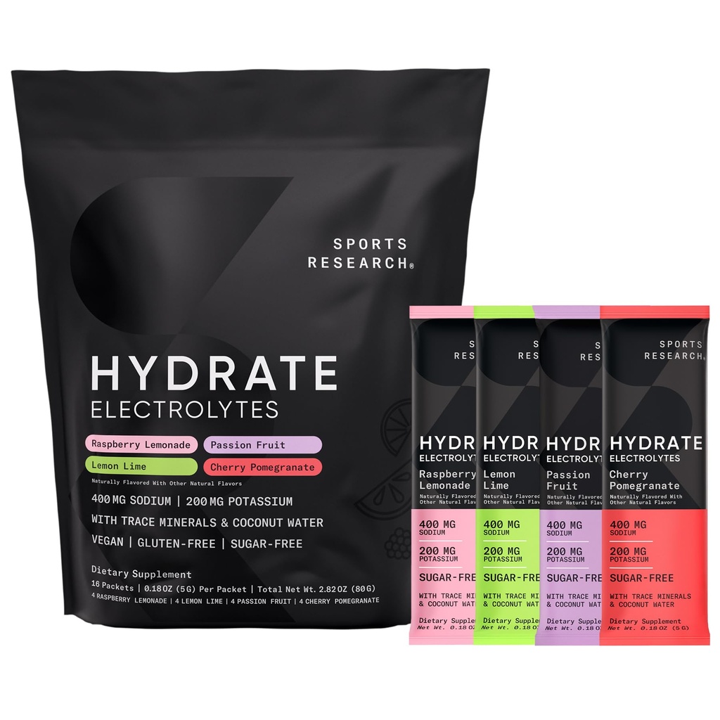 Sports Research® Hydrate Electrolytes Powder Packets - Sans sucre et naturellement aromatisé avec des vitamines, des minéraux et de l'eau de coco - Supports Hydratation - 16 Packets - Variété Pack