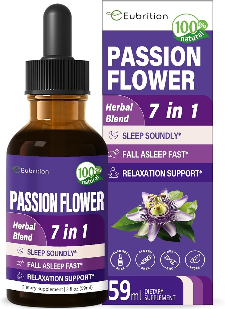 Passion Flower Liquid Drops for Sleep Support, formule à base de plantes naturelles avec extrait de camomille de racine valériane Soutien Sommeil sain et détente. Supplément à haute biodisponibilité.2oz