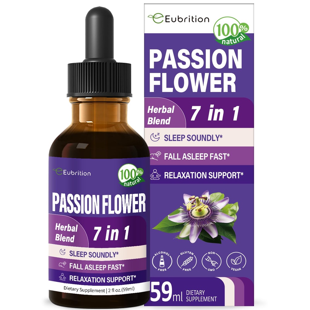Passion Flower Liquid Drops for Sleep Support, formule à base de plantes naturelles avec extrait de camomille de racine valériane Soutien Sommeil sain et détente. Supplément à haute biodisponibilité.2oz