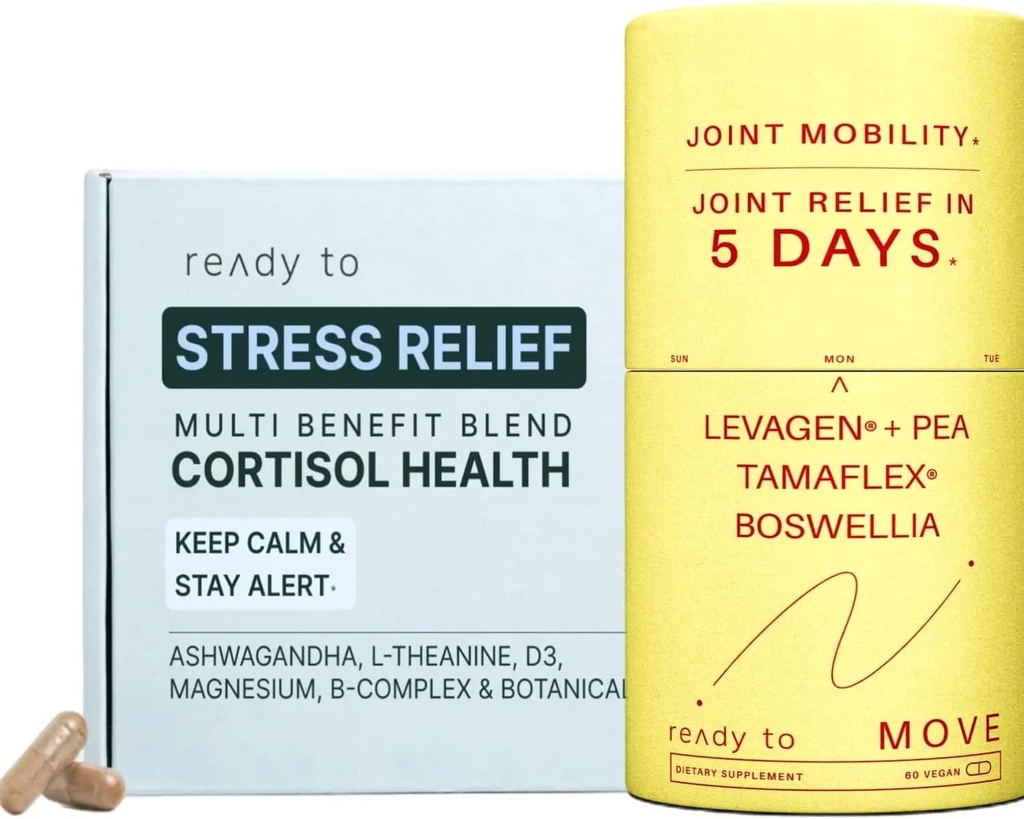 Ensemble de protection contre le stress et les articulations : Cortisol Health & Joint Mobility avec Ashwagandha, L-theanine, Magnésium, Tamaflex® Turmeric et Pea.