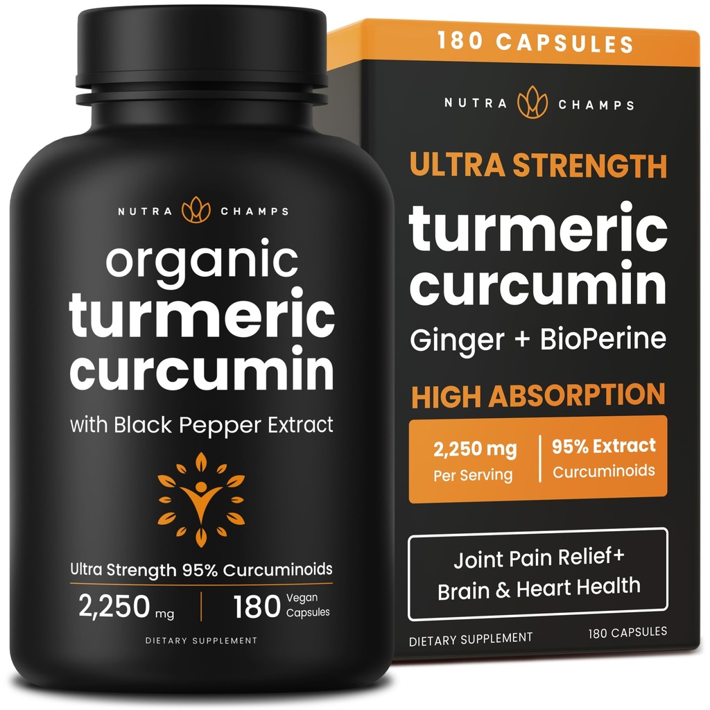 Turmeric Curcumin - 2,256 mg Complex with Ginger & Black Pepper Extract - 95% Curcuminoids - Extra Strength Turmeric Supplement for Joint Health, Brain, Heart & Immune Support - 180 Turmeric Capsules