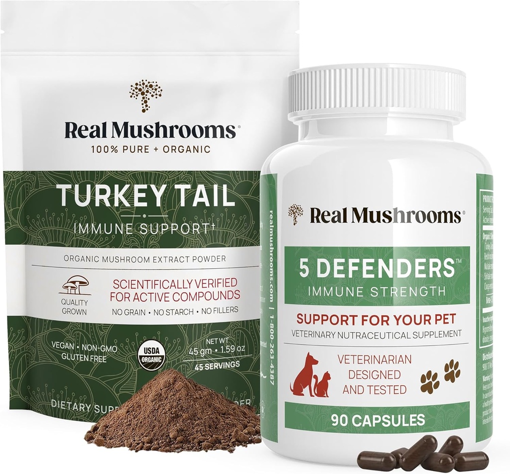 Real Mushrooms Turkey Tail Poudre pour les humains (45 portions) et Turkey Tail pour les animaux domestiques (90ct) - Poudre et capsules Bundle pour le soutien immunitaire - végétalien, non-OGM, sans grains, sans gluten