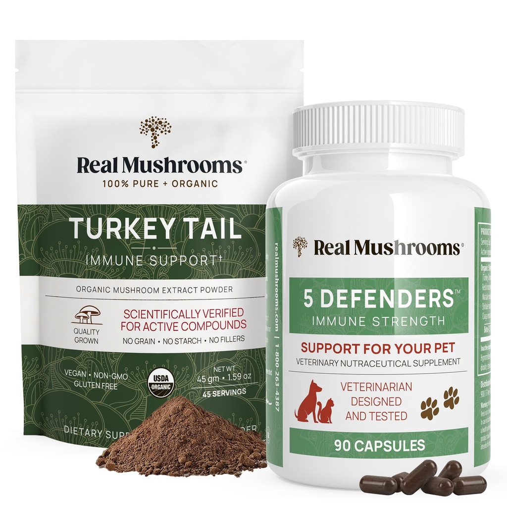 Real Mushrooms Turkey Tail Poudre pour les humains (45 portions) et Turkey Tail pour les animaux domestiques (90ct) - Poudre et capsules Bundle pour le soutien immunitaire - végétalien, non-OGM, sans grains, sans gluten