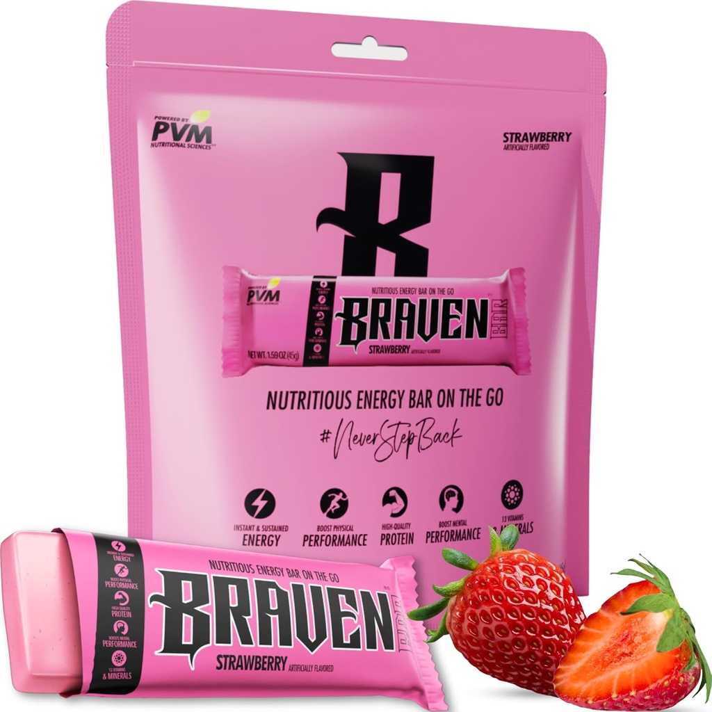 Braven Bar Strawberry Energy Bars (1.59 oz, Pack of 10) – Energy Chews Alternative with 5g Protein – On-the-Go Snacks for Running, Hiking, and Sports - Gluten Free Snacks - Bars Protein