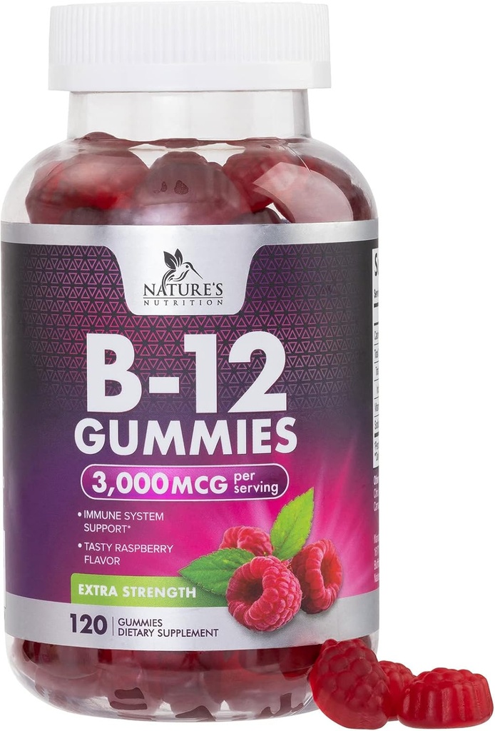 B12 Vitamines Énergie Gommies 3000 mcg - Extra Strength B 12 Gommy pour le métabolisme et le soutien du système immunitaire - Suppléments diététiques à croquer B12 pour adultes et enfants Vitamine sans caféine - 120 Gommies