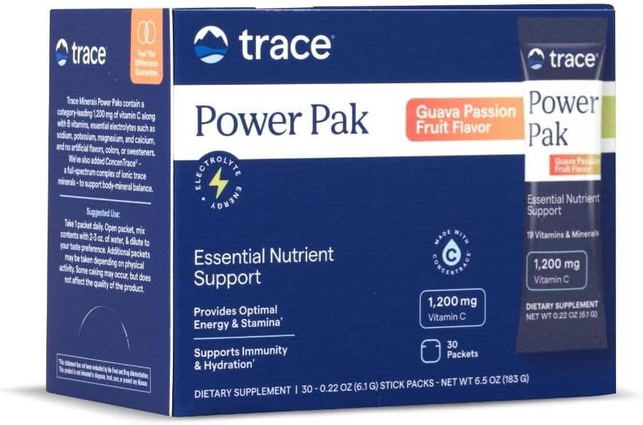 Trace Minerals Power Pak Multivitamin and Multimineral Packets - Soutien aux électrolytes - 1200 mg Vitamine C Plus 70 Goyava Passion Fruit Saveur - 30 Packets