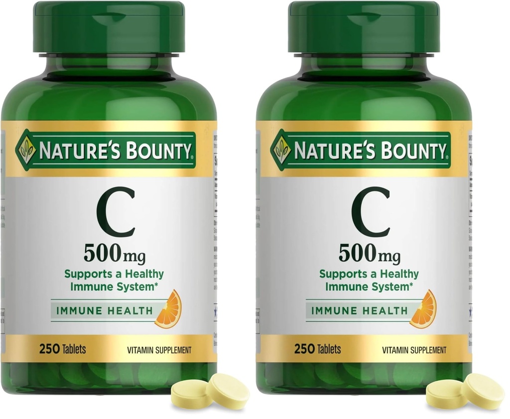 Nature's Bounty Vitamine C 500mg,Supporte un système immunitaire sain, Supplément de vitamine quotidienne,250 comprimés végétariens, (paquet de 2)